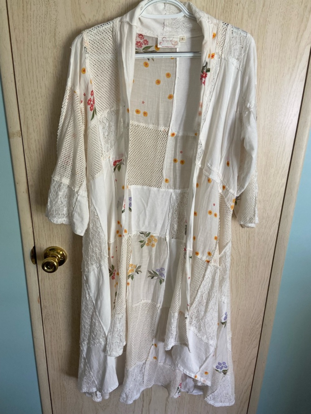 PAPER LACE Floral White Patchwork Long Kimono Duster Sz Small